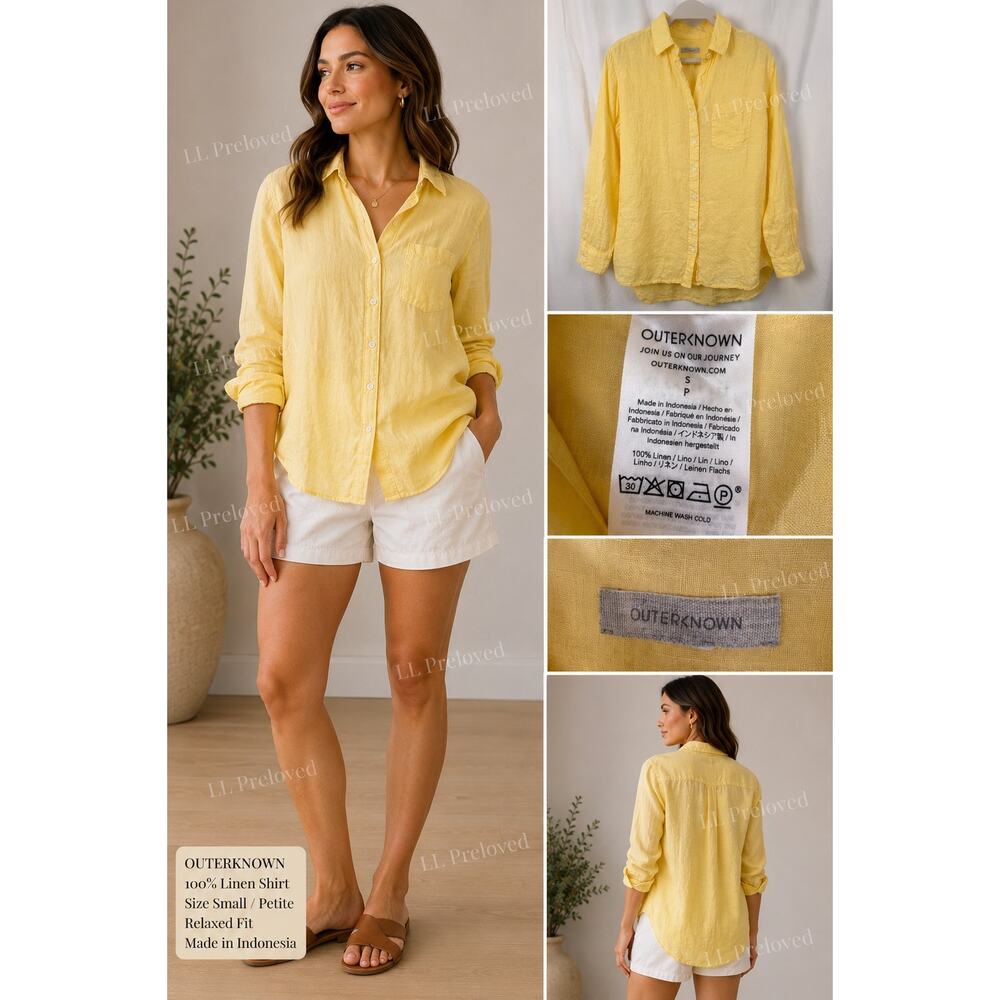 Outerknown 100% Linen Shirt Women Small Yellow Button Front Coastal Beachy‎ Top